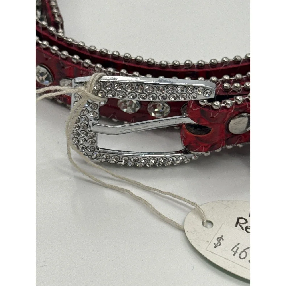 Red Snakeskin Rhinestone Western Belt Genuine Leather Silver Studded Y2K M/L